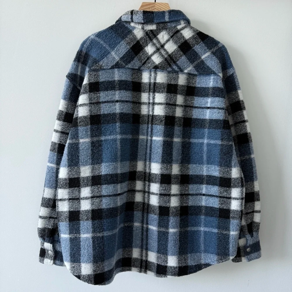 ZARA Blue Plaid Wool Blend Shacket Oversized Snap Button Jacket S - Picture 7 of 16